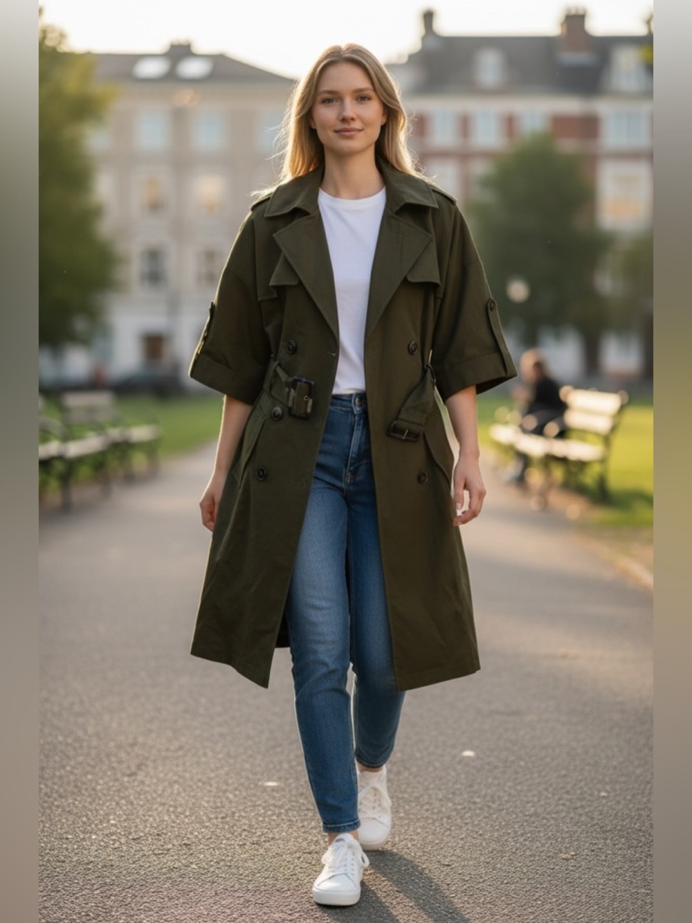Runway Collection Olive Green Short Sleeve Trench Coat